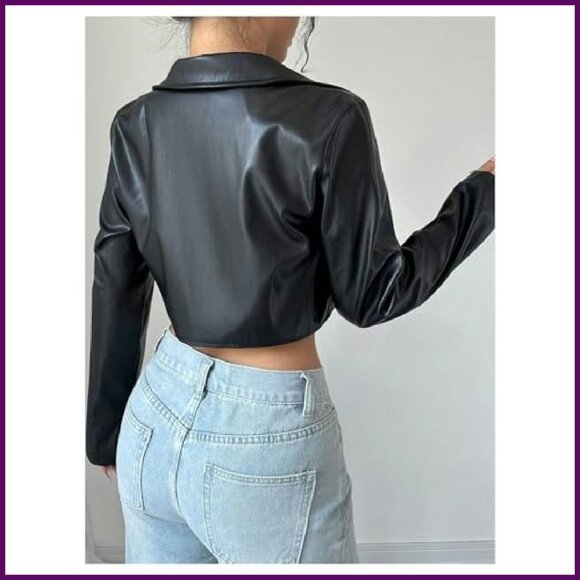 PU Leather Cropped Moto Jacket Zip Up Women's Faux Leather Coat - Picture 4 of 6